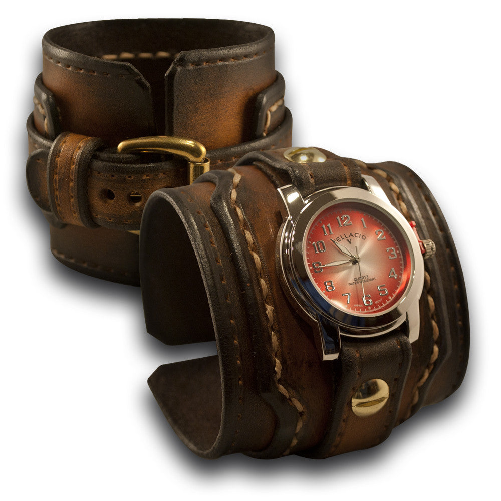 Brown Stressed Drake Leather Cuff Watch with Beige Stitching-Leather Cuff Watches-Rockstar Leatherworks™
