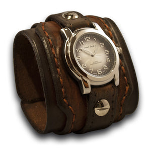 Timber & Bison Brown Layered Leather Cuff Watch with Stitching-Leather Cuff Watches-Rockstar Leatherworks™