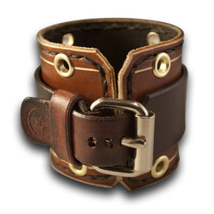 Brown Leather Cuff Watch with Stitching, Brass Eyelets & Etching-Leather Cuff Watches-Rockstar Leatherworks™