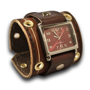 Brown Wide Leather Cuff Watch with Stitching, Eyelets & Etching-Leather Cuff Watches-Rockstar Leatherworks™