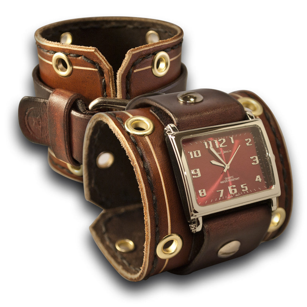 Brown Wide Leather Cuff Watch with Stitching Eyelets Etching Rockstar Leatherworks