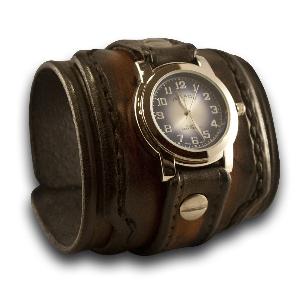Brown Stressed Wide Layered Leather Cuff Watch-Leather Cuff Watches-Rockstar Leatherworks™
