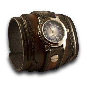 Brown Stressed Wide Layered Leather Cuff Watch-Leather Cuff Watches-Rockstar Leatherworks™