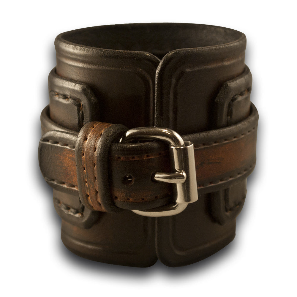 Brown Stressed Layered Leather Cuff Watch with Stitching-Leather Cuff Watches-Rockstar Leatherworks™