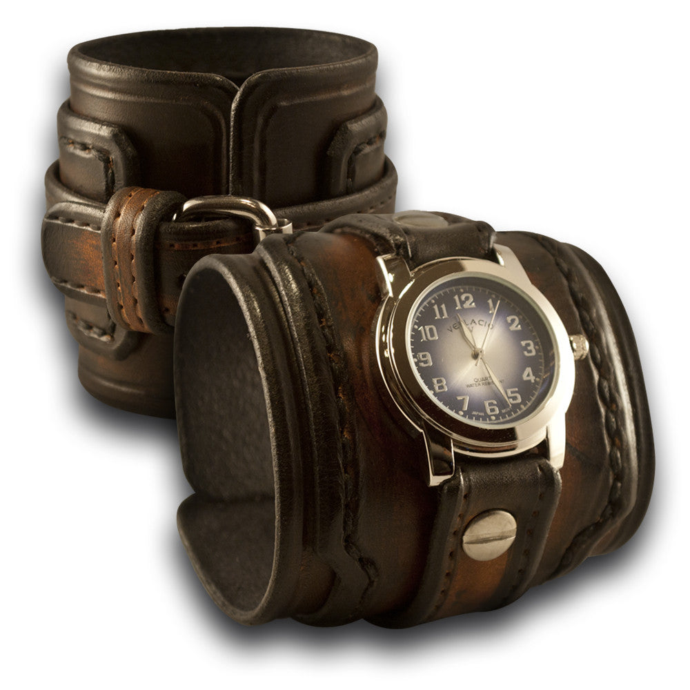 Brown Stressed Drake Leather Cuff Watch Layered and Stitched-Leather Cuff Watches-Rockstar Leatherworks™