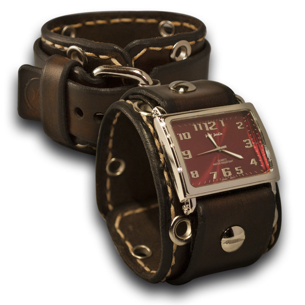 Dark Brown Leather Cuff Watch with Beige Stitching-Leather Cuff Watches-Rockstar Leatherworks™