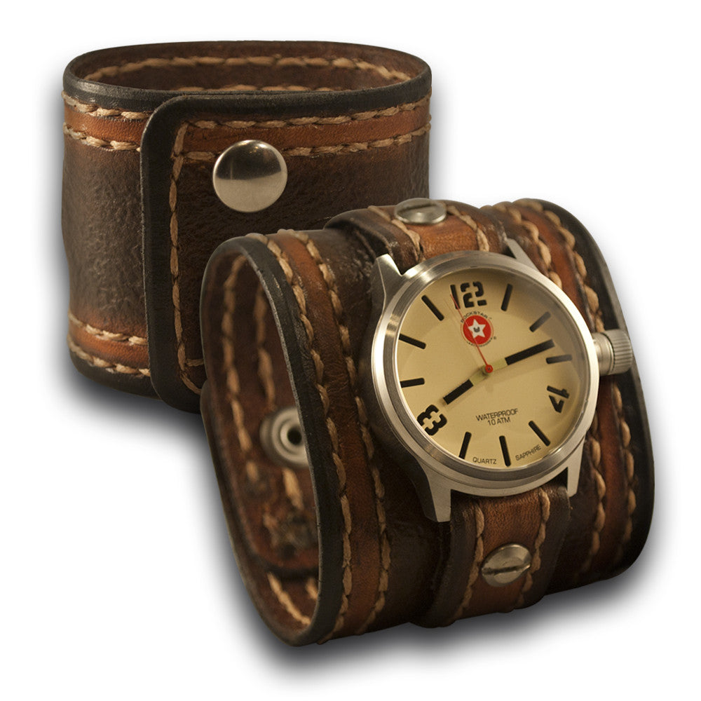 Brown Leather Cuff Watch - 42mm Stainless, Sapphire, 10ATM-Leather Cuff Watches-Rockstar Leatherworks™