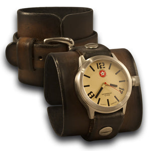 Brown Stressed Rockstar Leather Cuff Watch - Stainless, Sapphire-Leather Cuff Watches-Rockstar Leatherworks™
