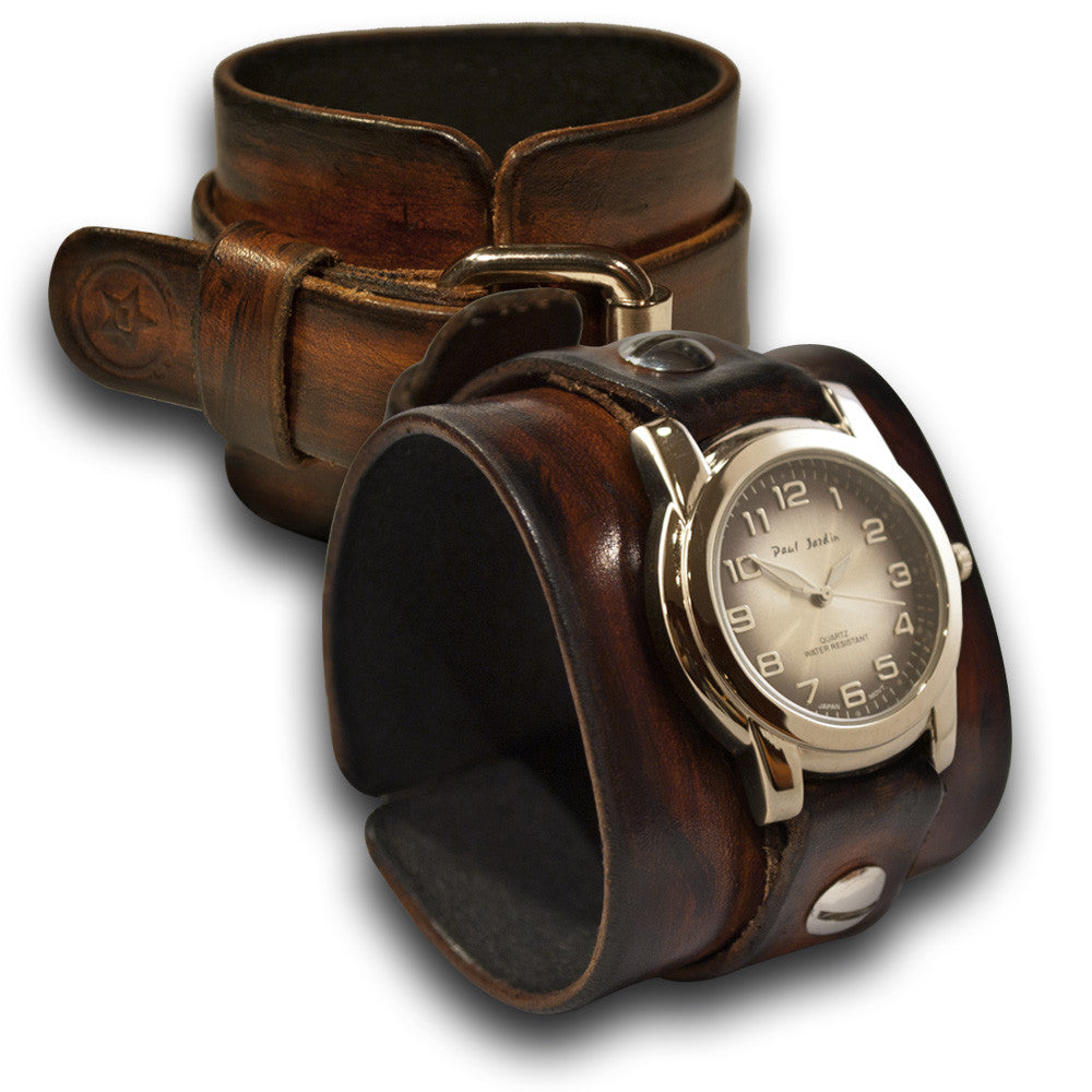 Brown Stressed Leather Cuff Watch with Black & Silver Face-Leather Cuff Watches-Rockstar Leatherworks™