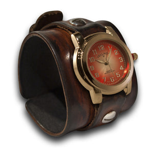 Brown Stressed Wide Leather Cuff Watch with Red and Silver Face-Leather Cuff Watches-Rockstar Leatherworks™