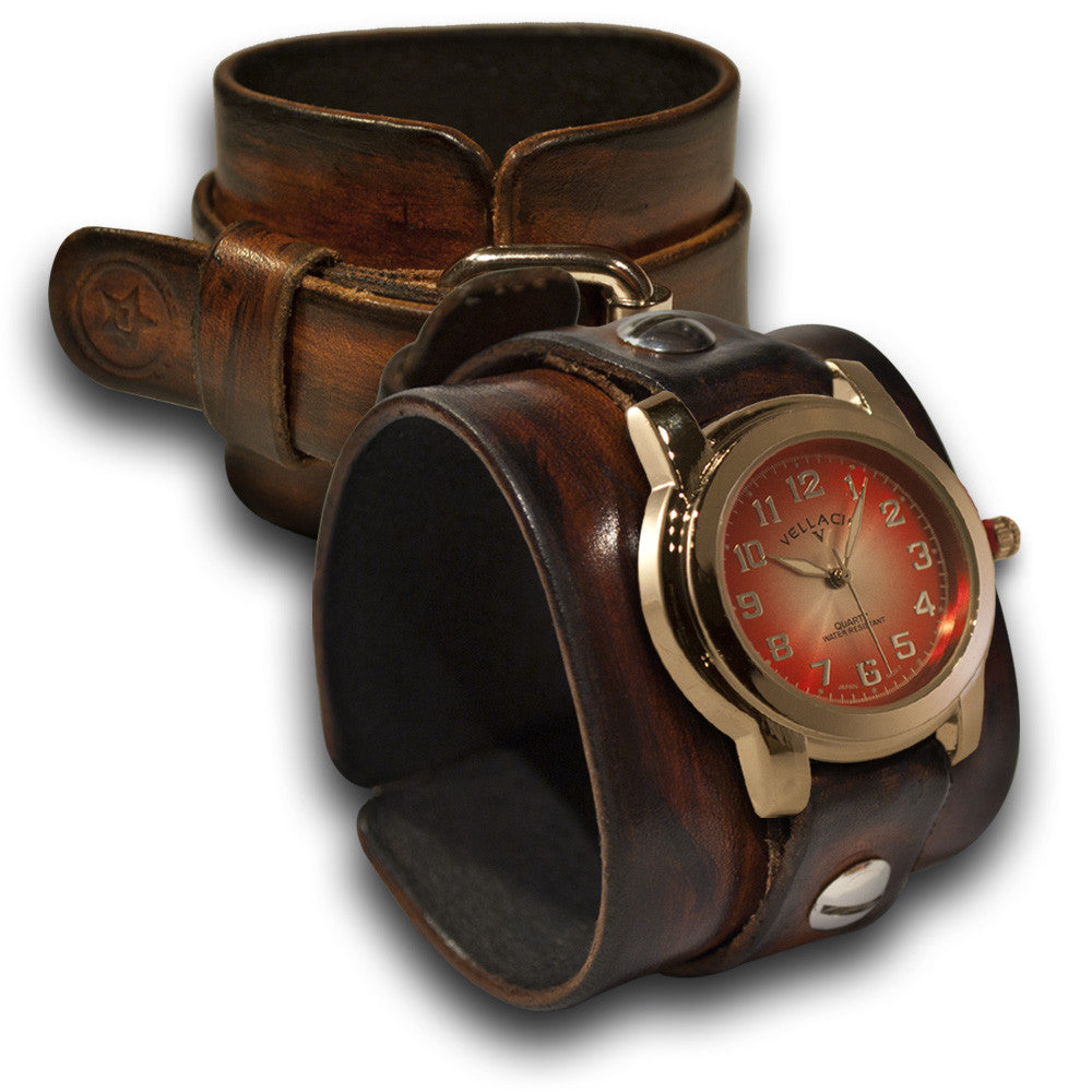 Brown Stressed Wide Leather Cuff Watch with Red and Silver Face-Leather Cuff Watches-Rockstar Leatherworks™