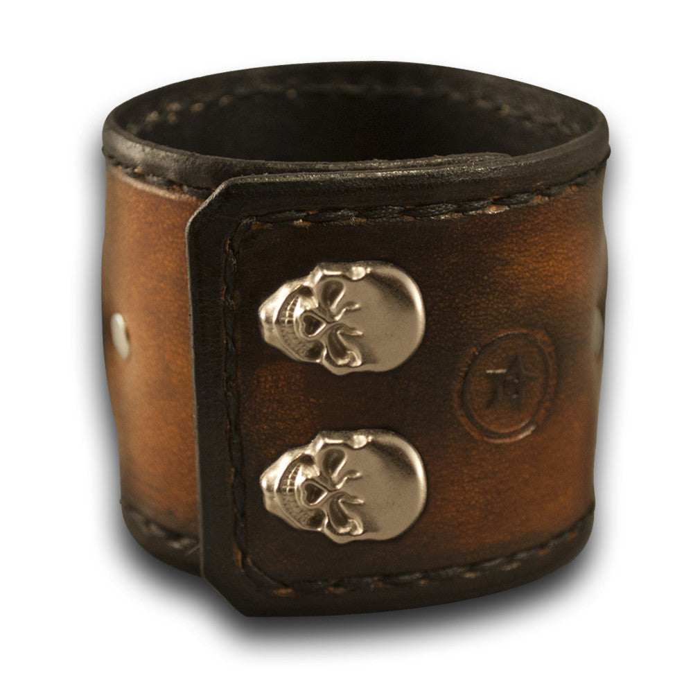 Brown Stressed Leather Cuff Watch with Stitching & Skull Snaps-Leather Cuff Watches-Rockstar Leatherworks™