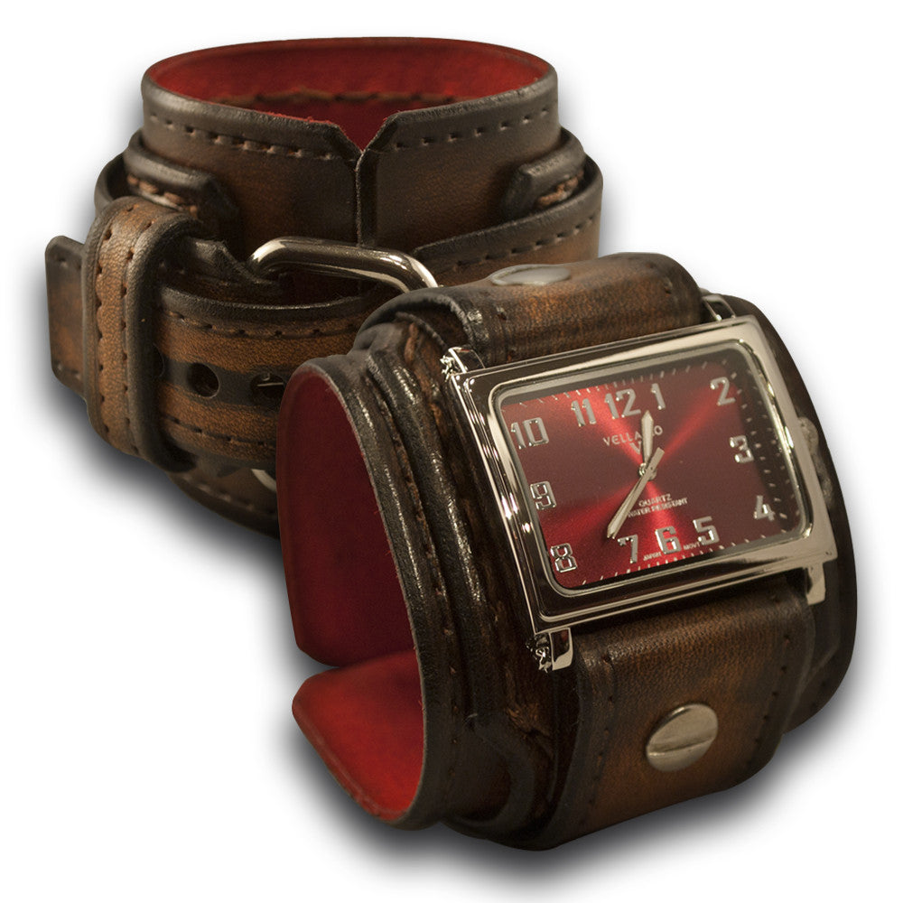 Dark Brown Stressed Drake Leather Cuff Watch with Stitching-Leather Cuff Watches-Rockstar Leatherworks™