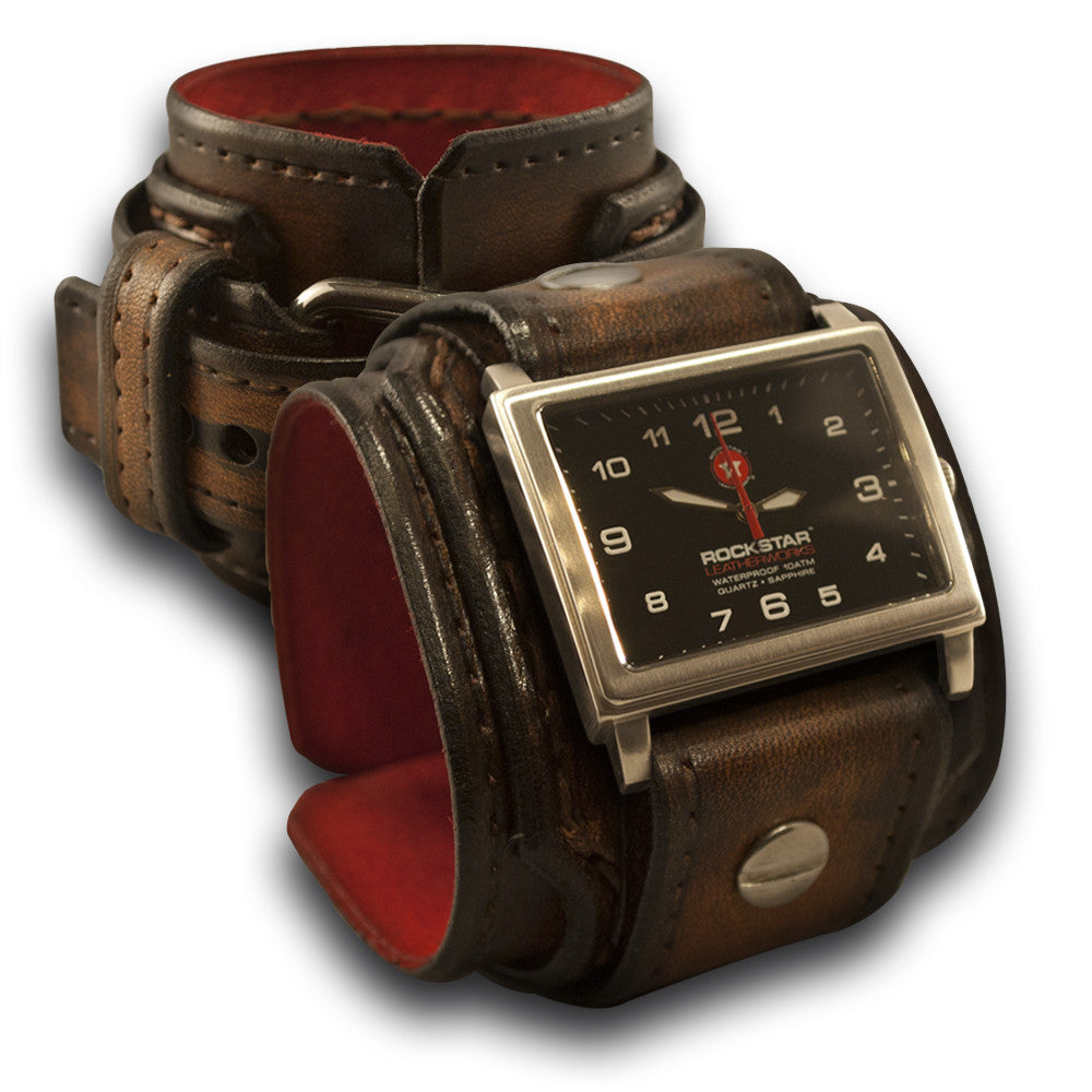 Dark Brown Drake Leather Cuff Watch 42mm Stainless, Sapphire-Leather Cuff Watches-Rockstar Leatherworks™