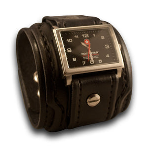 Black Layered Leather Cuff Watch with 42mm & Skull Snaps-Leather Cuff Watches-Rockstar Leatherworks™