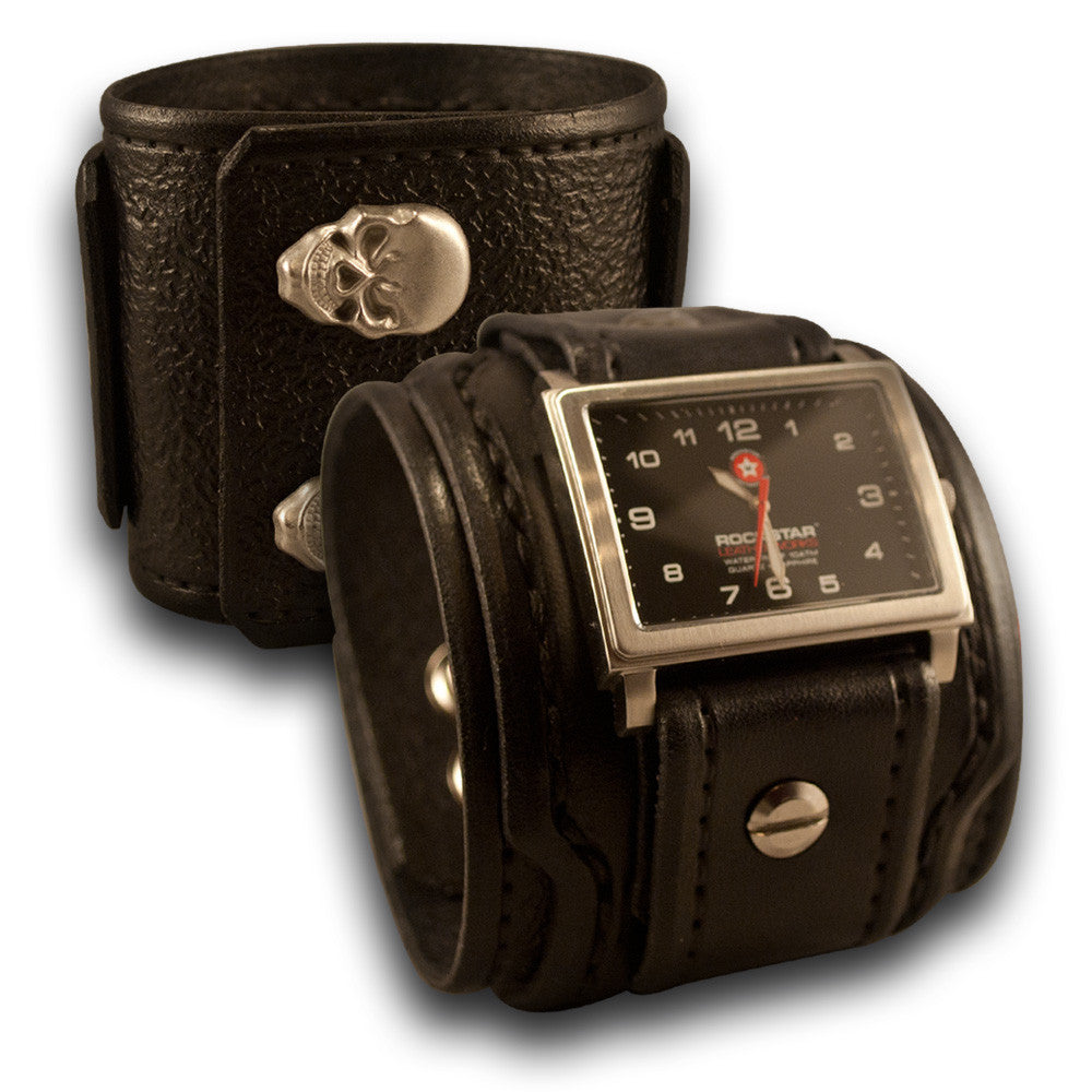 Black Drake Leather Cuff Watch 42mm Stainless with Skull Snaps-Leather Cuff Watches-Rockstar Leatherworks™