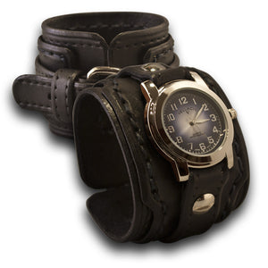 Black Wide Layered Leather Cuff Watch-Leather Cuff Watches-Rockstar Leatherworks™