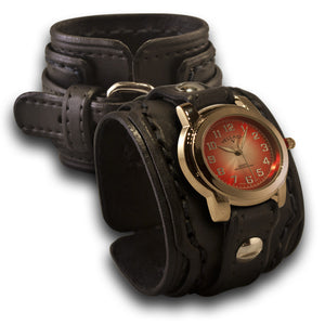 Black Layered Leather Cuff Watch with Stitching & Buckle-Leather Cuff Watches-Rockstar Leatherworks™