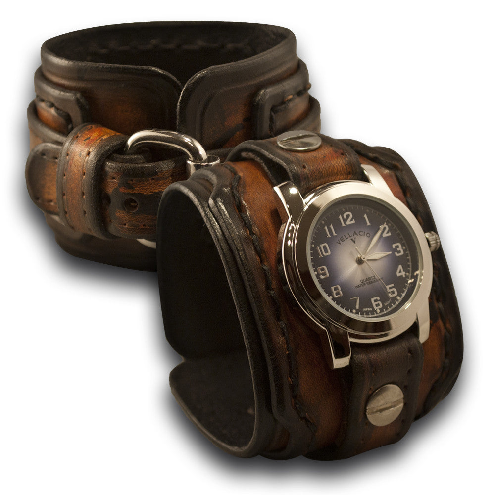 Brown Layered Leather Cuff Watch with Hand Stitched Cuff-Leather Cuff Watches-Rockstar Leatherworks™