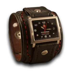Black Layered Leather Cuff Watch with 42mm, Eyelets & Snaps-Leather Cuff Watches-Rockstar Leatherworks™