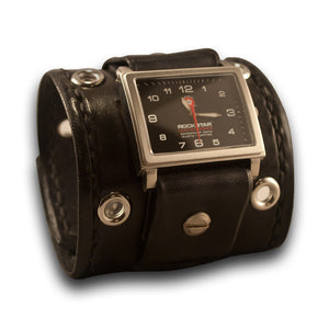Black Leather Cuff Watch with 42mm, Eyelets & Skull Snaps-Leather Cuff Watches-Rockstar Leatherworks™