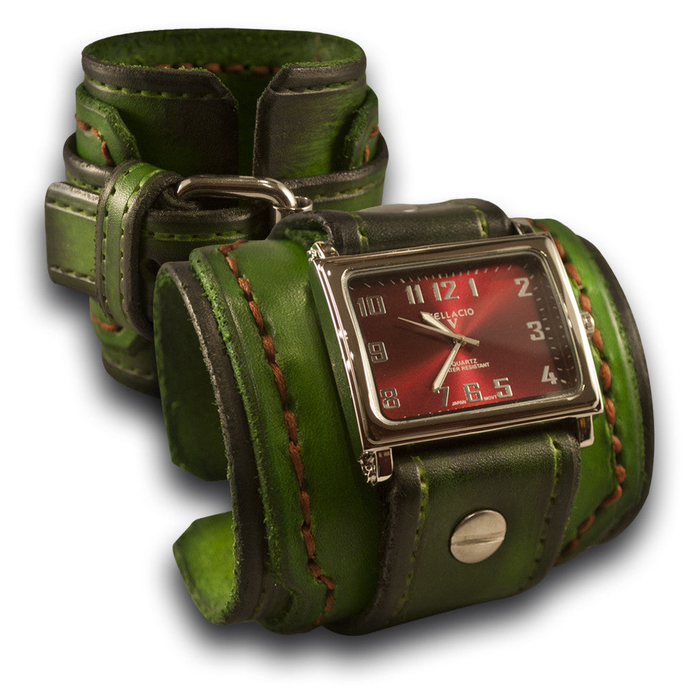 Forest Green Stressed Drake Leather Cuff Watch with Stitching-Leather Cuff Watches-Rockstar Leatherworks™
