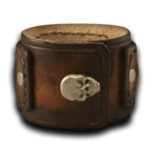 Brown Drake Layered Leather Cuff Watch Stitched with Skull Snap-Leather Cuff Watches-Rockstar Leatherworks™