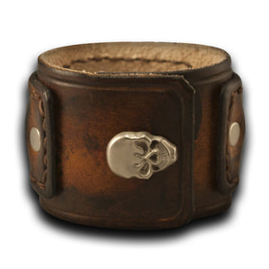 Brown Layered Leather Cuff Watch with Stitching & Skull Snap-Leather Cuff Watches-Rockstar Leatherworks™
