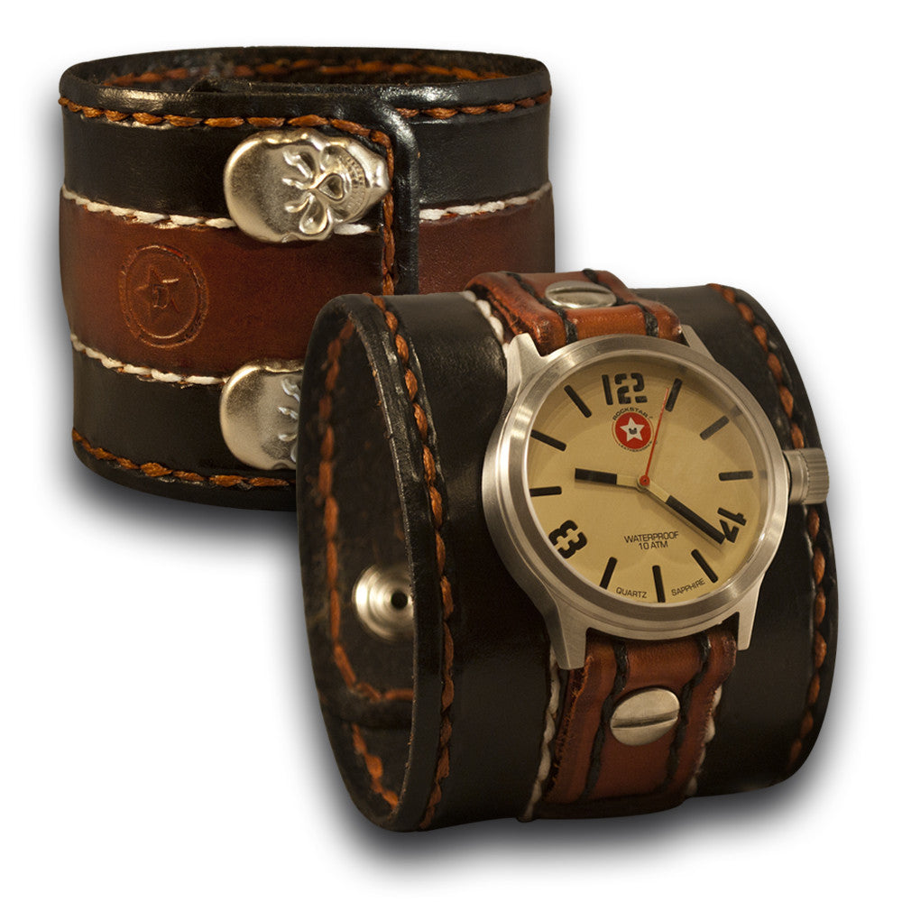 Black & Tan Leather Cuff Watch - 42mm Stainless/Sapphire - Rockstar ...