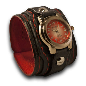Black & Red Layered Leather Cuff Watch with Red Stitching-Leather Cuff Watches-Rockstar Leatherworks™