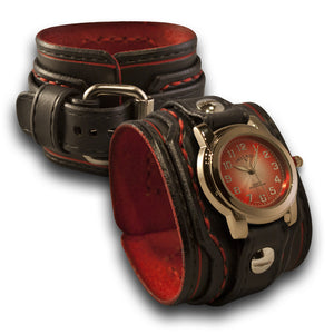 Black & Red Layered Leather Cuff Watch with Red Stitching-Leather Cuff Watches-Rockstar Leatherworks™