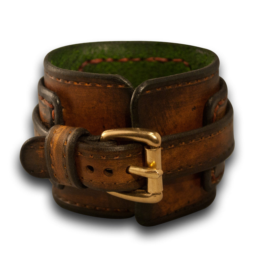 Brown Stressed Layered Leather Cuff Watch with Rust Stitching ...