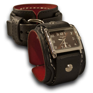 Black Drake Layered Leather Cuff Watch with Stitching & Buckle-Leather Cuff Watches-Rockstar Leatherworks™