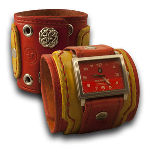 Red & Yellow Leather Layered Cuff Watch - Stainless Sapphire-Leather Cuff Watches-Rockstar Leatherworks™