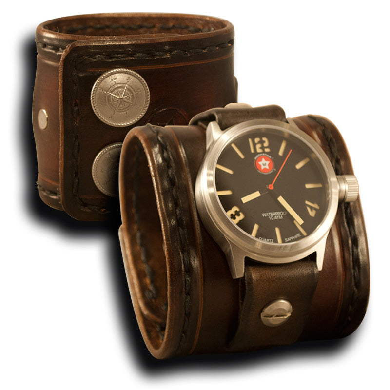 Brown Stressed Leather Cuff Watch with Stainless 42MM Sapphire-Leather Cuff Watches-Rockstar Leatherworks™