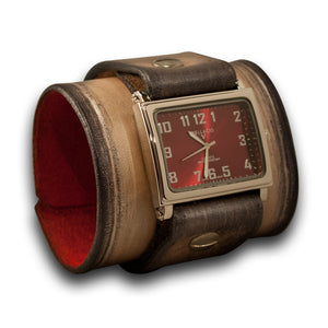 Pearl Stressed Wide Leather Cuff Watch with Red Face-Leather Cuff Watches-Rockstar Leatherworks™