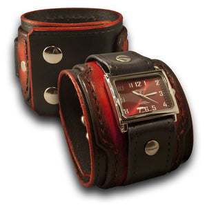 Black & Scarlet Drake Layered Leather Cuff Watch with Snaps-Leather Cuff Watches-Rockstar Leatherworks™