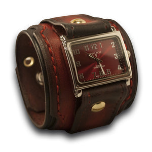 Red & Black Layered Leather Cuff Watch with Skull Snaps & Eyelets-Leather Cuff Watches-Rockstar Leatherworks™