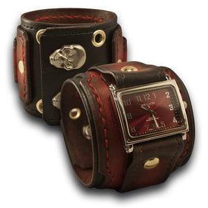 Red & Black Layered Leather Cuff Watch with Skull Snaps & Eyelets-Leather Cuff Watches-Rockstar Leatherworks™