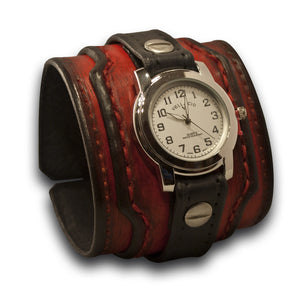 Black & Scarlet Layered Wide Leather Cuff Watch-Leather Cuff Watches-Rockstar Leatherworks™