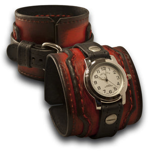 Black & Scarlet Layered Wide Leather Cuff Watch-Leather Cuff Watches-Rockstar Leatherworks™