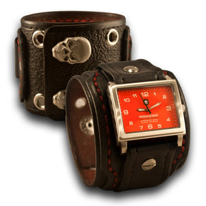 Black Layered Cuff Watch w/ 42mm, Eyelets & Skull Snaps-Leather Cuff Watches-Rockstar Leatherworks™