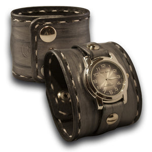Silver and Black Wide Leather Cuff Watch with Stainless Snaps-Leather Cuff Watches-Rockstar Leatherworks™