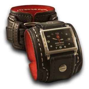 Black Layered Leather Cuff Watch with 42mm Stainless, Sapphire-Leather Cuff Watches-Rockstar Leatherworks™