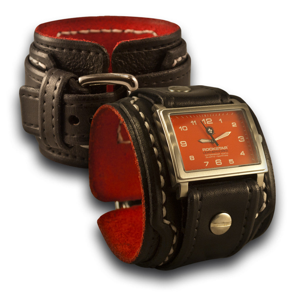 Black Wide Layered Leather Cuff Watch - 42mm Stainless Sapphire-Leather Cuff Watches-Rockstar Leatherworks™