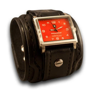 Black Layered Leather Cuff Watch with Red 42mm & Skull Snaps-Leather Cuff Watches-Rockstar Leatherworks™