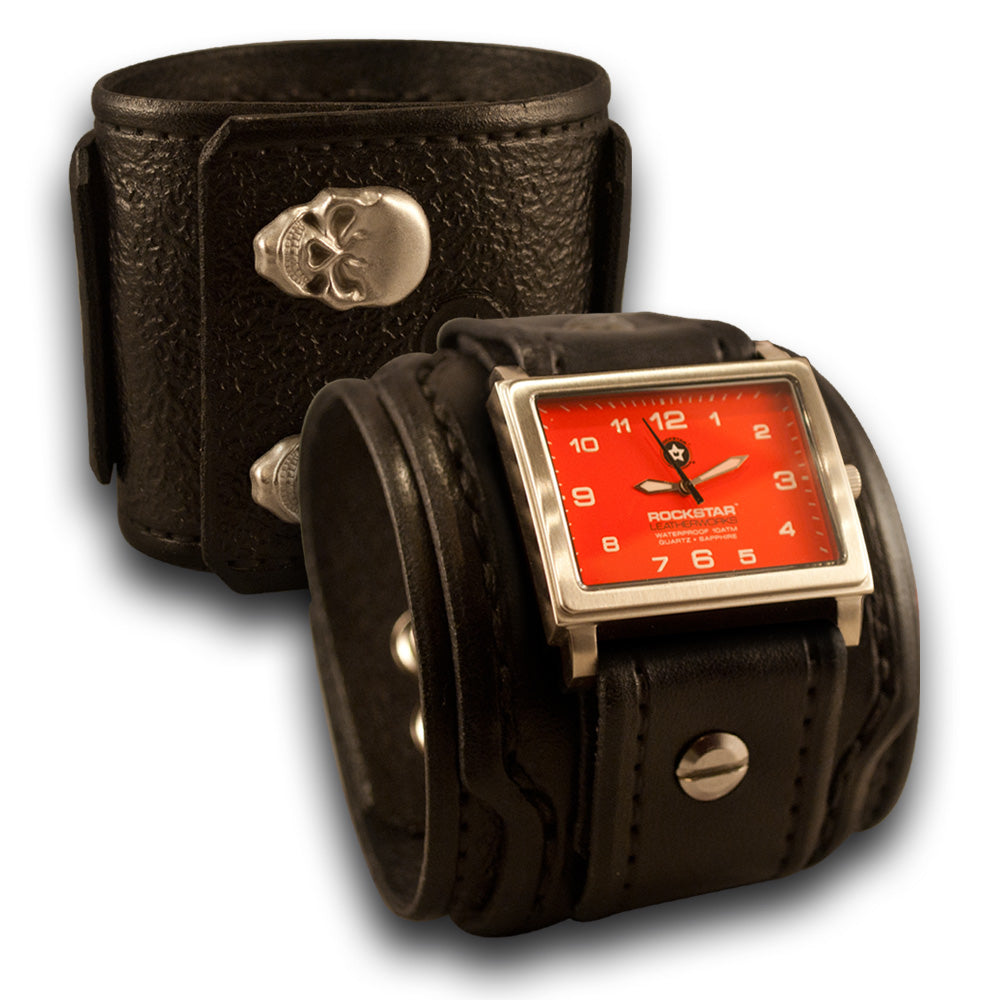 Black Drake Leather Cuff Watch with Red 42mm & Skull Snaps-Leather Cuff Watches-Rockstar Leatherworks™