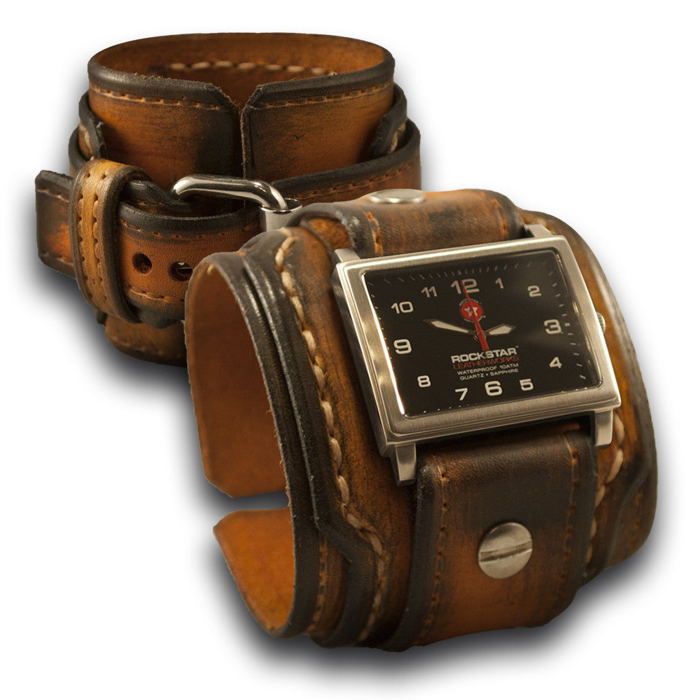 Range Tan Layered Leather Cuff Watch with 42mm Stainless-Leather Cuff Watches-Rockstar Leatherworks™