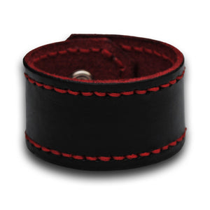 Black Leather Cuff Wristband with Red Stitching and Snap-Leather Cuffs & Wristbands-Rockstar Leatherworks™