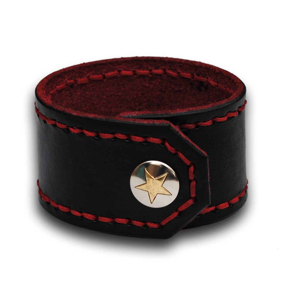 Black Leather Cuff Wristband with Red Stitching and Snap Rockstar Leatherworks